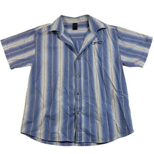 Y2K 00s Vintage FUBU Blue White Striped Short Sleeve Button Up Shirt Size 12/14
